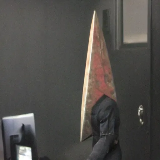 Prompt: Pyramid Head at his boring office job, photo