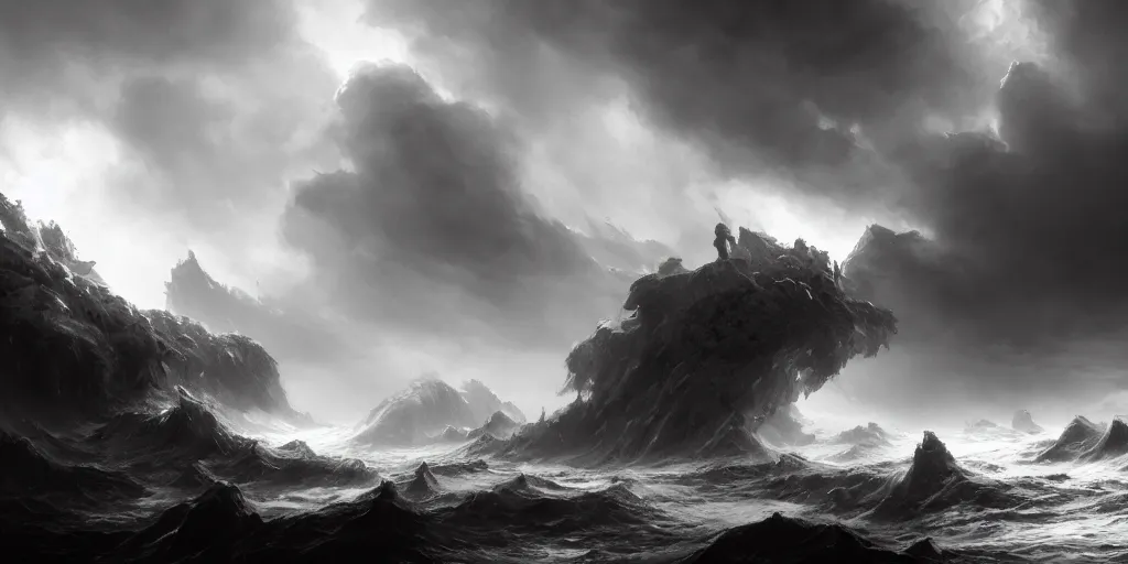 Prompt: sea of tumultuous and billowing white fog near the coast of the realm of shadows, low saturation, high contrast, mostly greyscale, in the style of marcin rubinkowski, greg rutkowski, lorenzo lanfranconi, oleg zherebin, trending on artstation