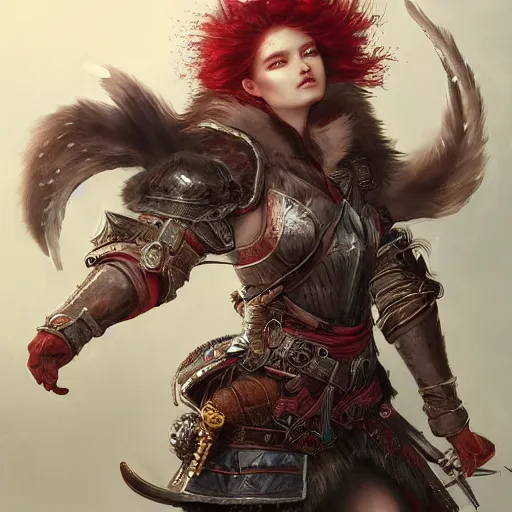 Image similar to a beautiful hyper realistic detailed epic concept art showing ( a noble knight women with red hair protected by ) the sacred raccoon, extremely detailed raccoon, by tom bagshaw, ross tran and bayard wu, in the style of dragon age, featured on artstation