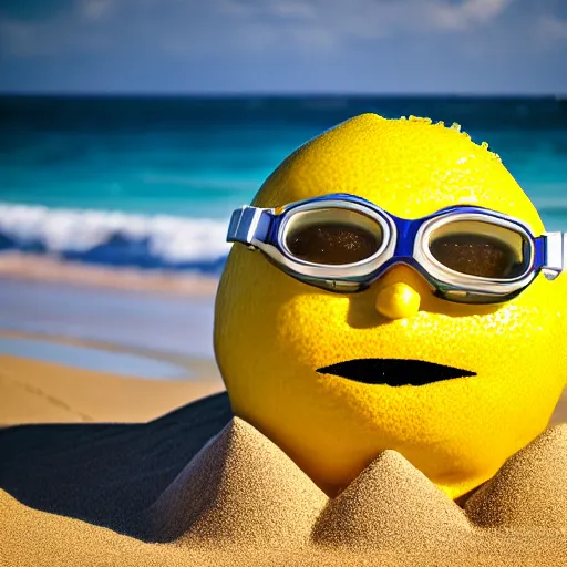 Image similar to 5 0 mm photograph, of a real anthropomorphic lemon character, with lemon skin texture, it is wearing a hat and scuba diving, building a sandcastle on the beach at sunset, beach, huge waves, sun, clouds, tropical trees, rim light, cinematic photography, professional, sand, sandcastle, volumetric lightening