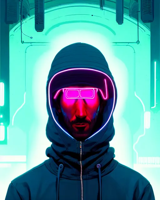 Prompt: cyberpunk synth, photographic, hyper - realistic detailed portrait of a man in a hoodie, with neon visor, dynamic pose, by atey ghailan, by greg rutkowski, by greg tocchini, by james gilleard, by joe fenton, by kaethe butcher, sharp focus
