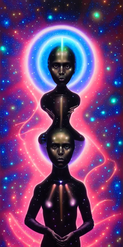 Image similar to patron saint of 🛸🌈👩🏾, futuristic gothic clothing, warped space, gravity, nebula, black hole, aries constellation, multiverse, neon god of city character portrait, in the style of margaret keane, moebius, tom bagshaw, and waterhouse, cinematic lighting, beautiful, elegant, oil painting,