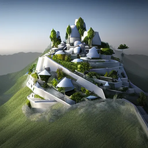 Image similar to dreamy architecture on a hill. photorealism. V-Ray