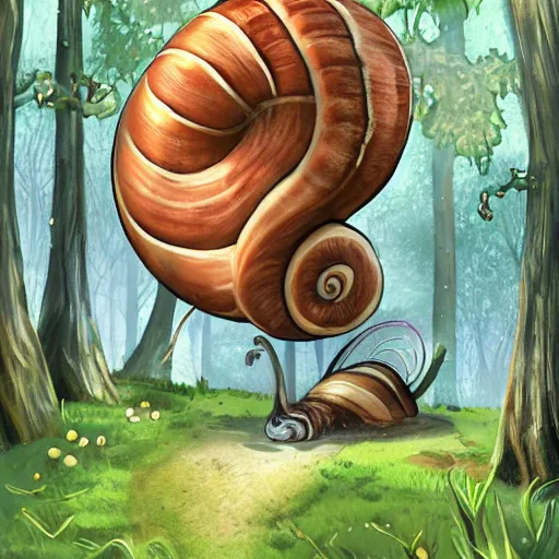 Prompt: friendly giant snail in fantasy feywild swamp, illustration