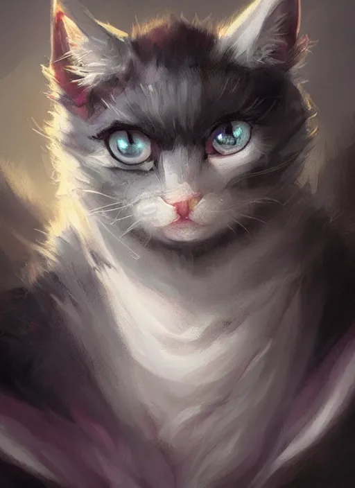 Image similar to cat black and white fur, pink nose, tiny, small, miniature animal, baby animal, short, cute and adorable, pretty, beautiful, dnd character art portrait, matte fantasy painting, deviantart artstation, by jason felix by steve argyle by tyler jacobson by peter mohrbacher, cinematic lighting