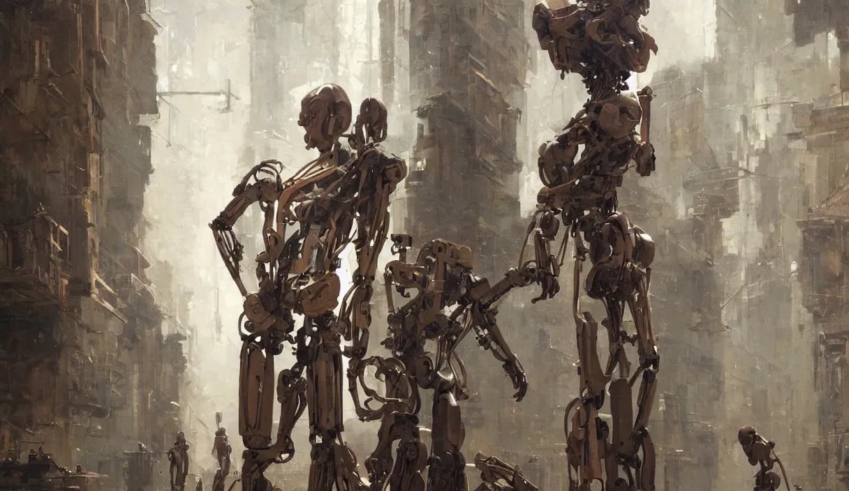 Image similar to Still of a humanoid robot painting on a canvas, high detail, cinematic, , science fiction concept art by Greg Rutkowski and Moebius and Le Corbusier