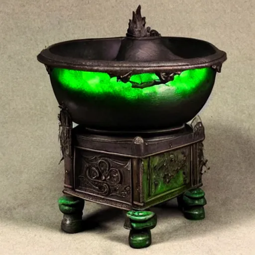 Image similar to a black cauldron filled with a magical green glowing potion standing in an old wilden desk, medieval, dark brown white green colours, mysterious, very detailed, realistic