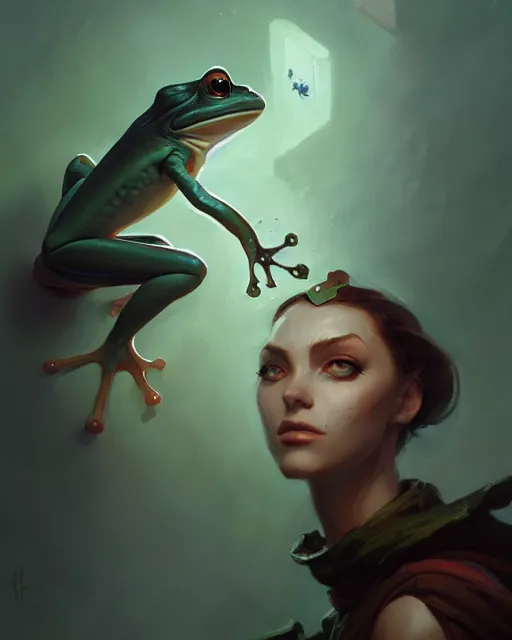 Image similar to a portrait of a frog - like woman, cat - eye eyeliner, by mandy jurgens and pete mohrbacher and greg rutkowski, low angle, fantasy, d & d