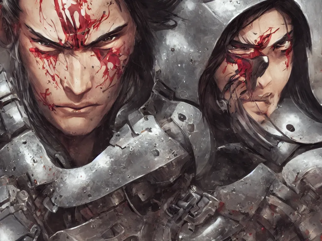 Image similar to close up of a wounded samurai in full armor, by fiona staples, kev walker and jesper ejsing