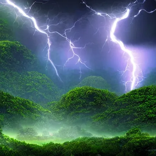 Prompt: high quality illustration of amazon rainforest in a sunny lightning storm, art station, volumetric lighting, dramatic lighting, panorama