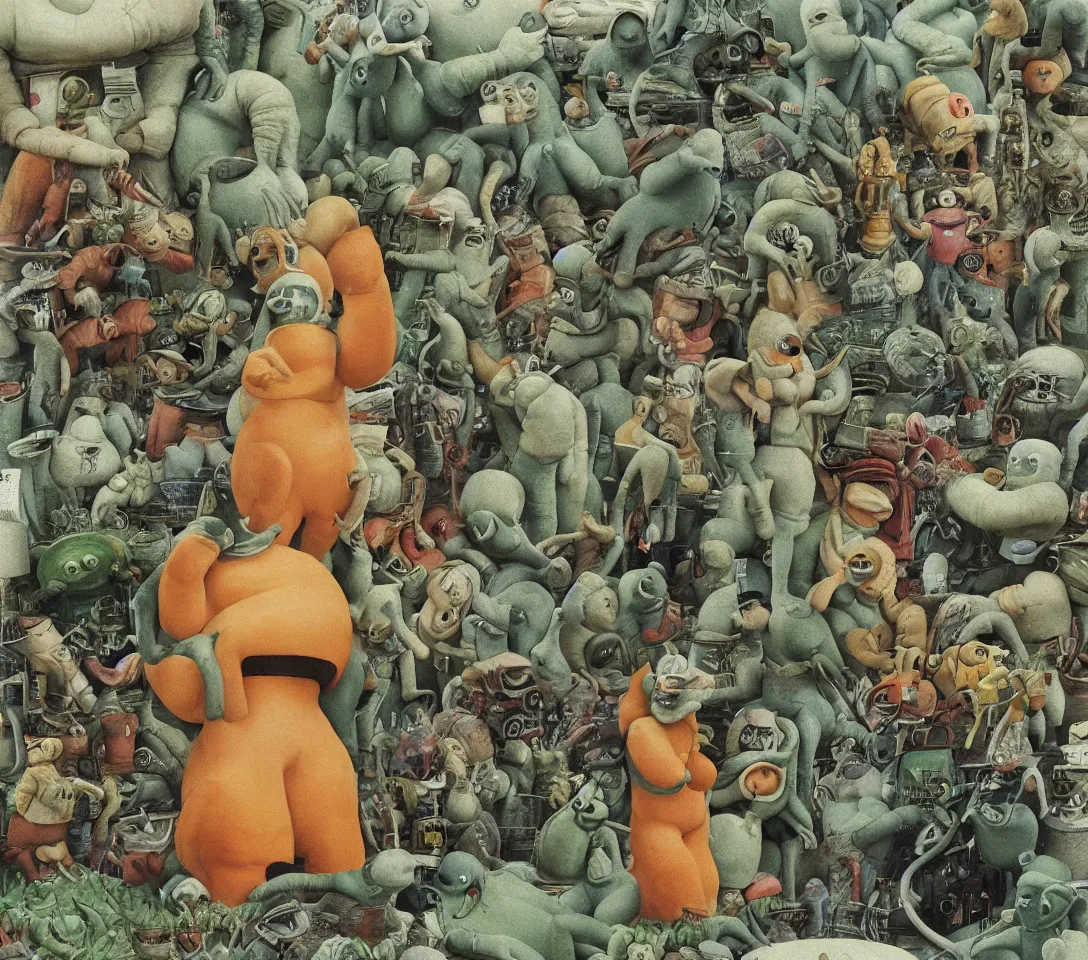 Image similar to a 3 5 mm photography, kodachrome of michelin man with strange creatures and alien plants inspired by bosch but in the real life, photos taken by martin parr