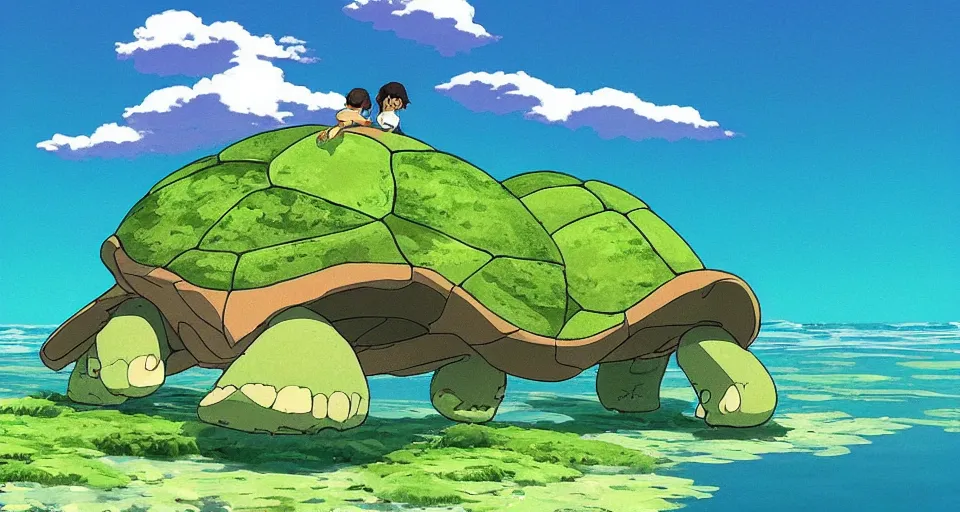 Image similar to a giant turtle with an island on its back by Studio Ghibli,trending on artstation