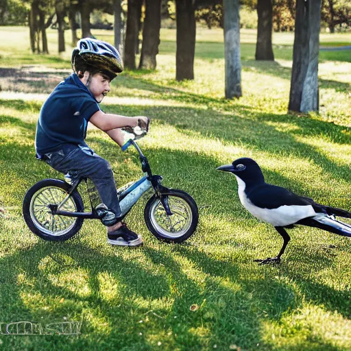 Image similar to A magpie chasing a boy on a bike, Canon EOS R3, f/1.4, ISO 200, 1/160s, 8K, RAW, unedited, symmetrical balance, in-frame