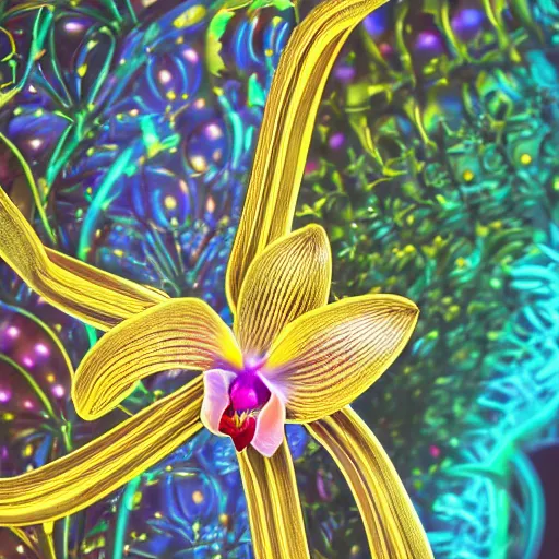 Prompt: metal orchid flower, futuristic, shiny, high detail, glitch art