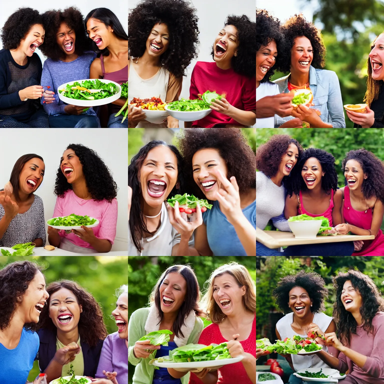 Prompt: women laughing at salad