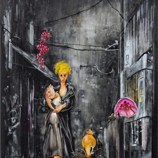 Prompt: a portrait in a dark laneway, a woman holding a piglet, streetlamps, wet, puddles, wild berries, rats, ikebana, octopus, neo - expressionism, surrealism, acrylic and spray paint and oilstick on canvas