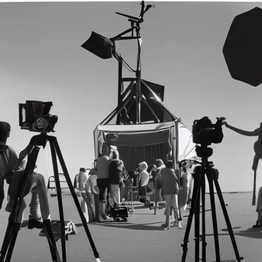 Image similar to Behind the scenes photo of the filming of a movie set on Venus, 1956, black and white, film grain