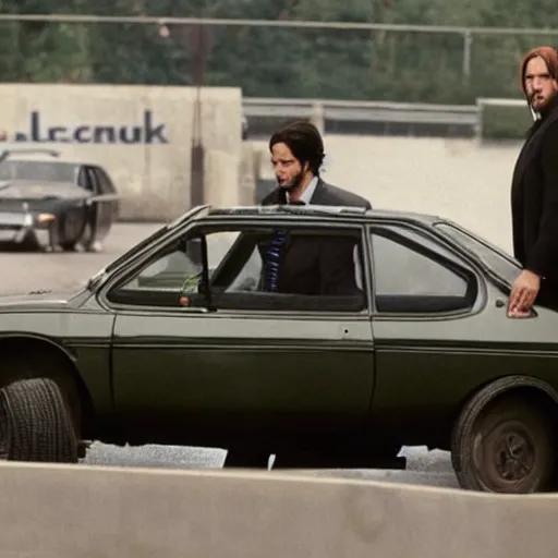 Prompt: john wick getting out of renault 1 2 car