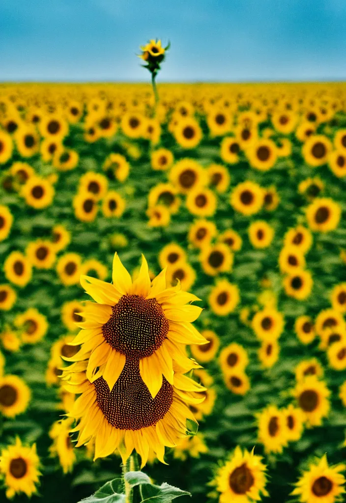 Image similar to A communist Propaganda Poster of a single sunflower in a vast dry field.