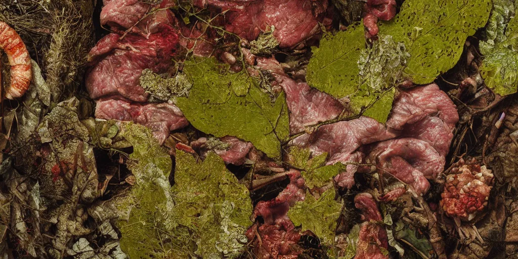 Prompt: details of flesh and skin, meat, lichens, painitng, leaves, branches and twigs, forest details, oil on canvas, 4k, 8K, photorealistic, soft spot light, cinematic lighting, sharp focus, hyperrealistic painting