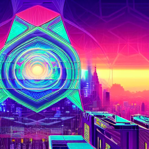 Image similar to matte painting of the sacred geometry of cyberpunk, brilliant colors, extremely detailed, very very detailed, in the style of alena aenami by Alex grey, HD, 4k, 8k