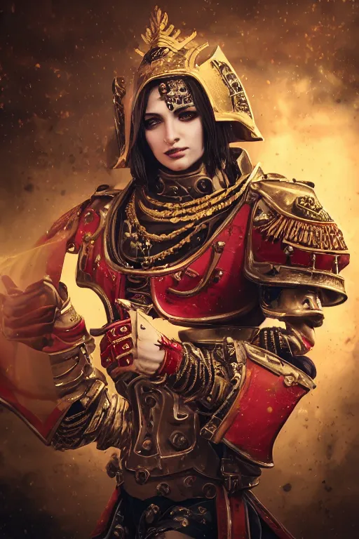 Image similar to a portrait of a adepta sororitas, warhammer 4 0 k setting, dynamic pose, close - up, intricate details, intricately detailed clothing, intricate textures, warm lighting, vivid colors, smoke and mist, realistic octane render, hyper realistic render, volumetric shading, depth of field, raytracing, 8 k,