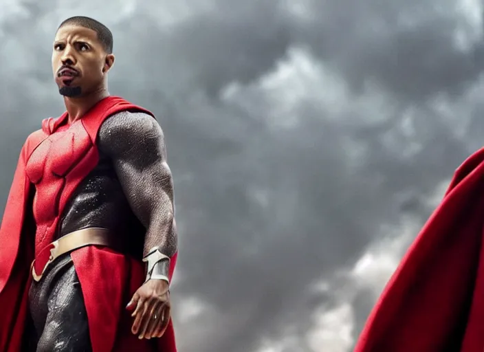 Image similar to film still of michael b jordan as spawn in the new spawn movie, giant chains, large cape, 8 k
