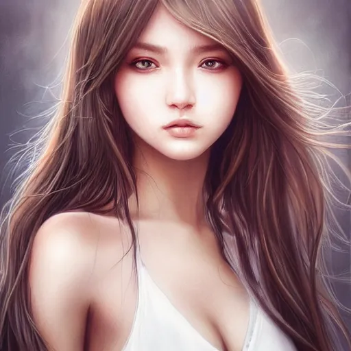 Prompt: a beautiful detailed portrait of young woman, by artgerm, little shy, beautiful eyes, long hair, high details