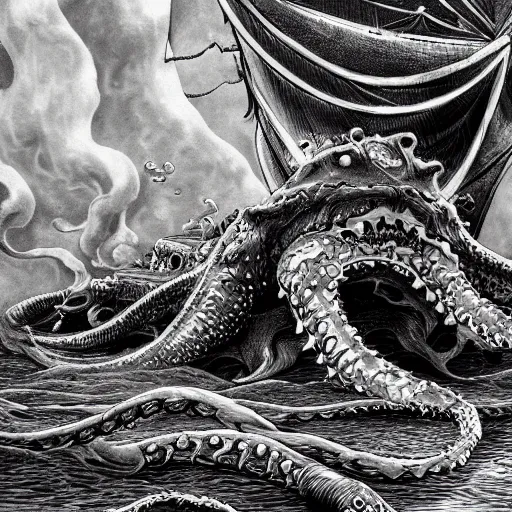 Image similar to kraken devours a huge ship in the style of kentaro miura, 4 k, 8 k, absolute detail of even the smallest details and particles, beautiful shadows, beautiful art, black and white drawing