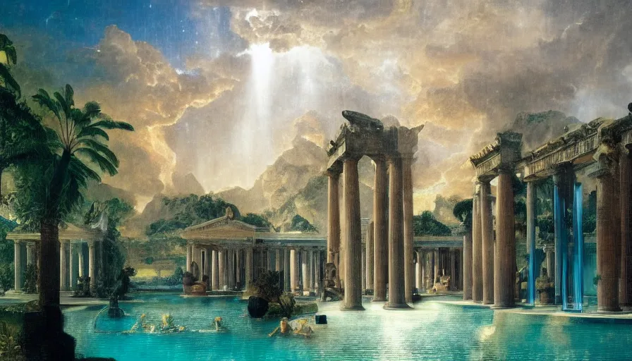 Prompt: Inside the giant Palace, mediterranean balustrade and columns line, refracted sparkles, thunderstorm, greek pool, beach and Tropical vegetation on the background major arcana sky and occult symbols, by paul delaroche, hyperrealistic 4k uhd, award-winning, very detailed paradise