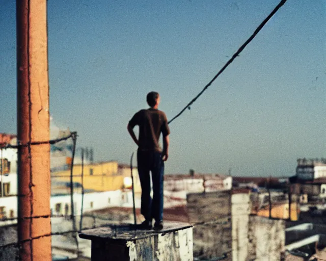 Image similar to lomo photo of man standing on the roof of soviet hrushevka, small town, cinestill, bokeh, out of focus