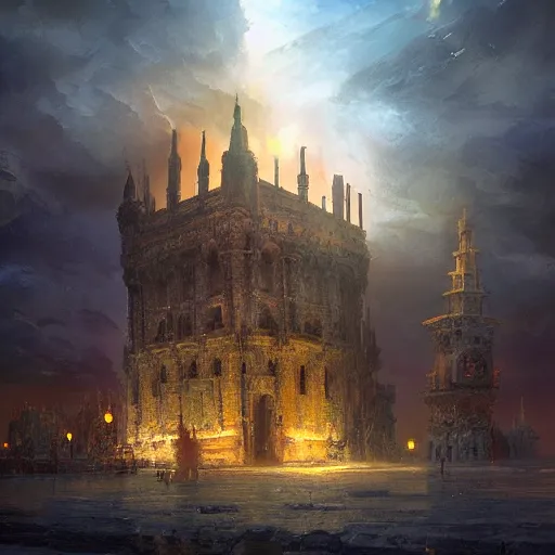 Image similar to torre del oro, atmospheric lighting, intricate, volumetric lighting, beautiful, sharp focus, ultra detailed, in the art style of marc simonetti, bowater charlie and brom gerald, astrophotography