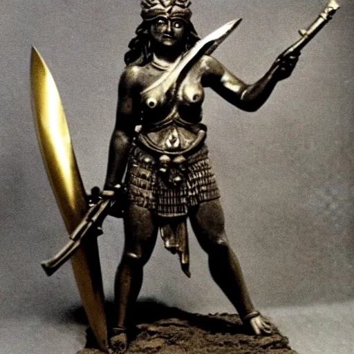 Image similar to a photograph of the goddess of war in the battlefield, full body shot