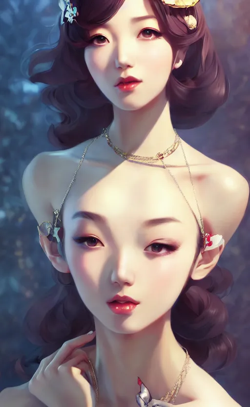 Image similar to a pin up and beautiful fashion charming dreamlke korea girl with lv jewelry, character art, art by artgerm lau and kyoung hwan kim and and ilya kuvshinov and john singer sargent, hyperdetailed, 8 k realistic, symmetrical, frostbite 3 engine, cryengine, dof, trending on artstation, digital art