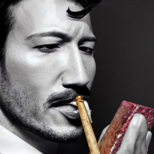 Image similar to a closeup photo of handsome gigachad markiplier smoking a cigar, 8k photorealism, extremly detailed, trending on artstation