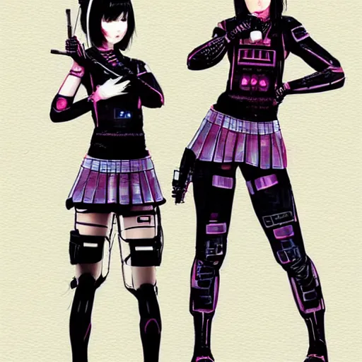 Image similar to a perfect, realistic professional digital sketch of two cyberpunnk Japanese schoolgirls posing, in style of Marvel, full length, by pen and watercolor, by a professional American senior artist on ArtStation, a high-quality hollywood-style sketch, on high-quality paper