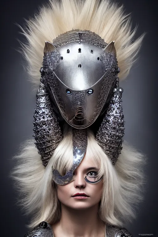 Image similar to female knight wearing a real cat on her head, armor designed by wayne barlowe, swarovski and tiffany, blonde hair, symmetry, sci - fi, cinematic, elegant, luxury, perfect light, perfect composition, dlsr photography, sharp focus, dark fantasy, 8 k, ultra hd, sense of awe, highly detailed, realistic, intricate