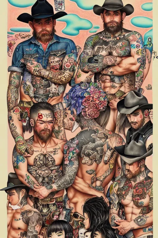 Image similar to full view, from a distance, of cowboys with tattoos, style of yoshii chie and hikari shimoda, highly detailed