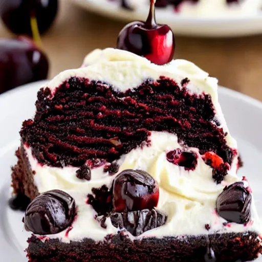 Prompt: A freshly baked black forest truffle cake with cherries and a dallop of icing on top. There is vanilla ice cream next to the cake on the plate