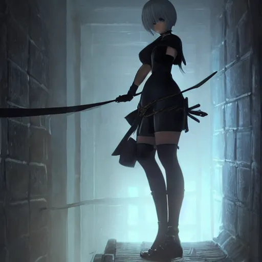 Image similar to a painting of 2 b nier automata tied up in a dungeon, full view, popular on artstation, artstationhd, artstationhq 8 k, volumetric lighting, trending on artstation, artstationhd, artstationhq, ultra detailed, detailed face, by artgerm and james gurney, greg rutkowski