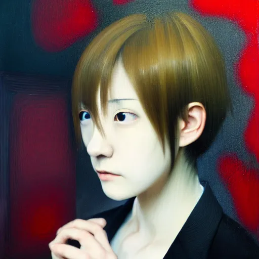 Image similar to yoshitaka amano blurred and dreamy realistic three quarter angle portrait of a young woman with short hair and black eyes wearing office suit with tie, junji ito abstract patterns in the background, satoshi kon anime, noisy film grain effect, highly detailed, renaissance oil painting, weird portrait angle, blurred lost edges