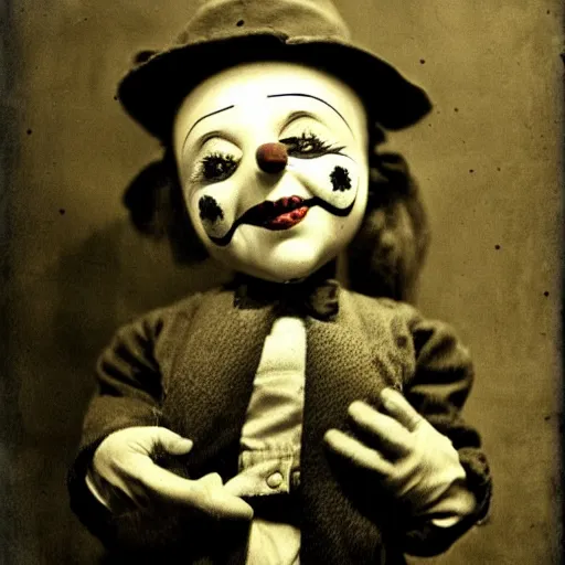 Image similar to clown ventriloquist doll smiling, ventriloquist dummy, photo, surrealistic, creepy, dark, epic, cinematic, style of atget, detailed