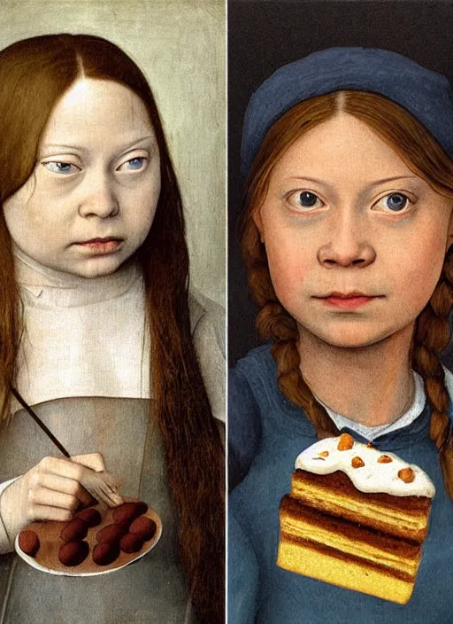 Prompt: greta thunberg eating cakes painted by hieronymus bosch, detailed digital art, trending on Artstation