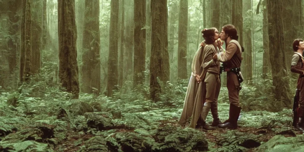 Image similar to luke skywalker, princess leia and han solo hugging and kissing in the forest of endor at the end of return of the jedi