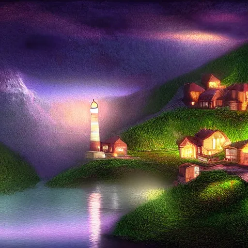 Image similar to a lamplit village on the coast of a lake, deep underground digital art