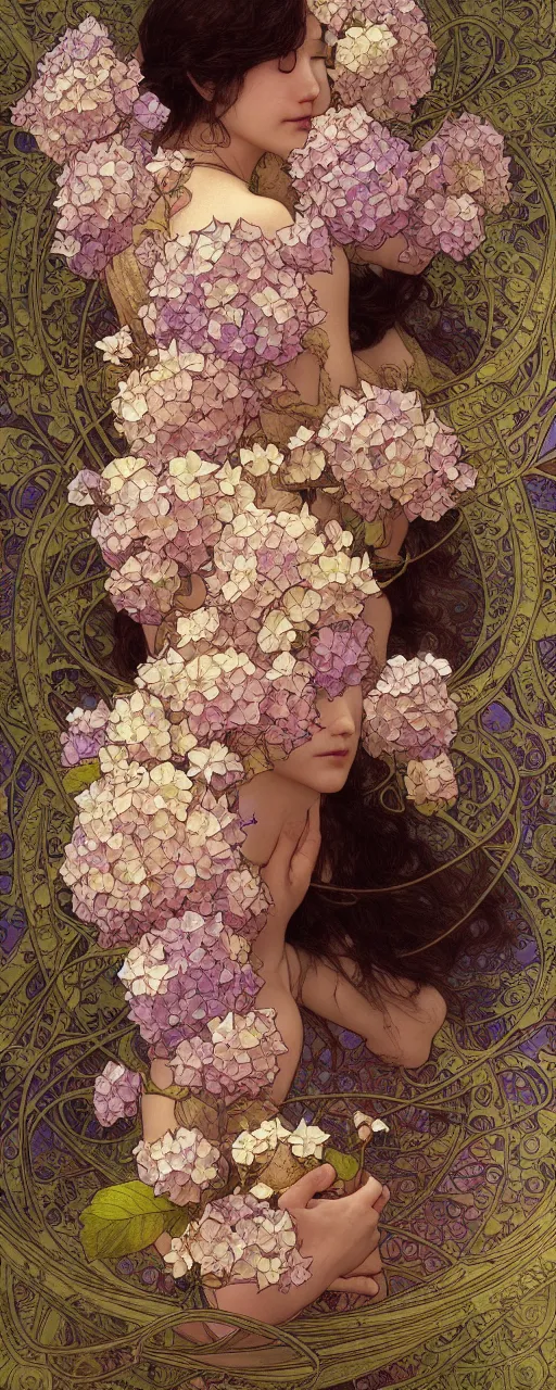 Image similar to tarot art nouveau painting of a hydrangea flower, ultradetail, art and illustration by tian zi and craig mullins and Ayami Kojima and WLOP and alphonse mucha, fantasy, intricate complexity, watermark, blurry, hyperrealism 8k