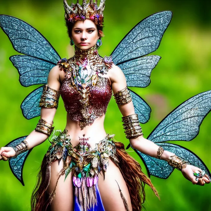 Image similar to full body photo of a very beautiful!! fairy queen with bejewelled armour, highly detailed, 4 k, hdr, smooth, sharp focus, high resolution, award - winning photo