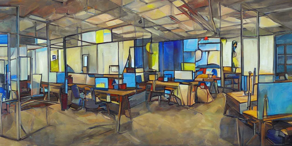 Image similar to painting gallery workplace, art style by bryen frost