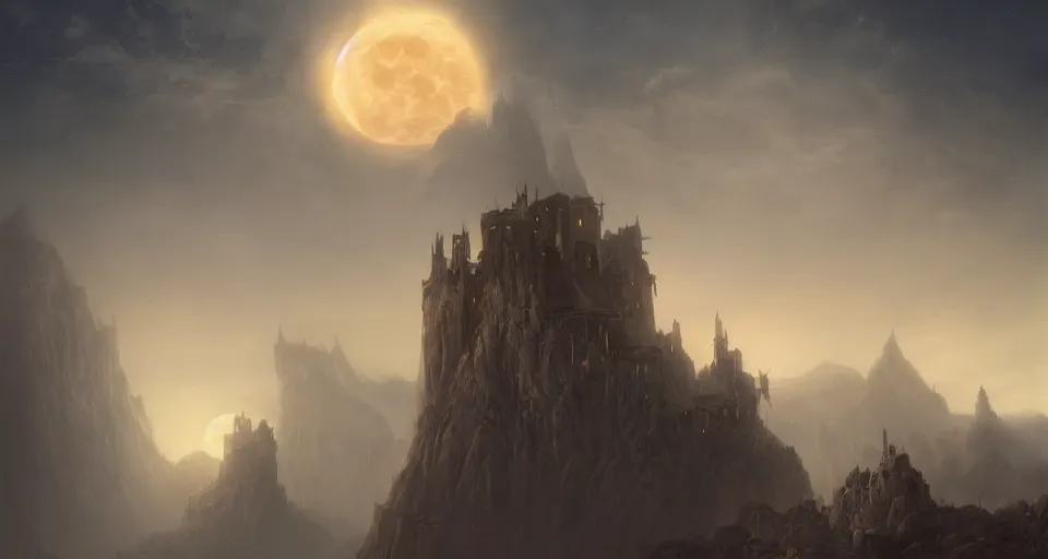 Prompt: an old citadel rising up from the mist at night silhouetted by a huge moon, by Noah Bradley, Darek Zabrocki,, James Paick, Natasha Tan, highly detailed, ultra detailed, ultra realistic, lava, dungeons and dragons, trending on artstation, thomas kincade
