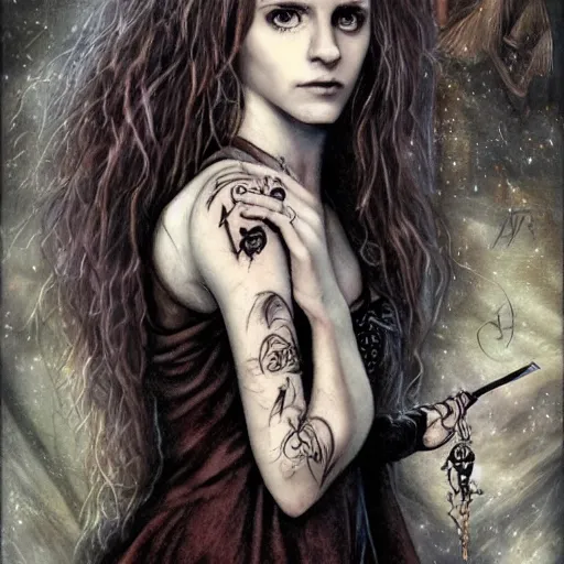 Image similar to dressed Hermione in tattoos conjuring with a magic wand, by luis royo, beautiful gown, beautiful eyes, Beautiful face, by Aggi Erguna, high detail, high resolution, art from harry potter